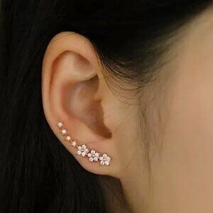 Dainty Floral Cherry Blossom Diamond Climber Earrings – Elegant Gold Wedding Gif